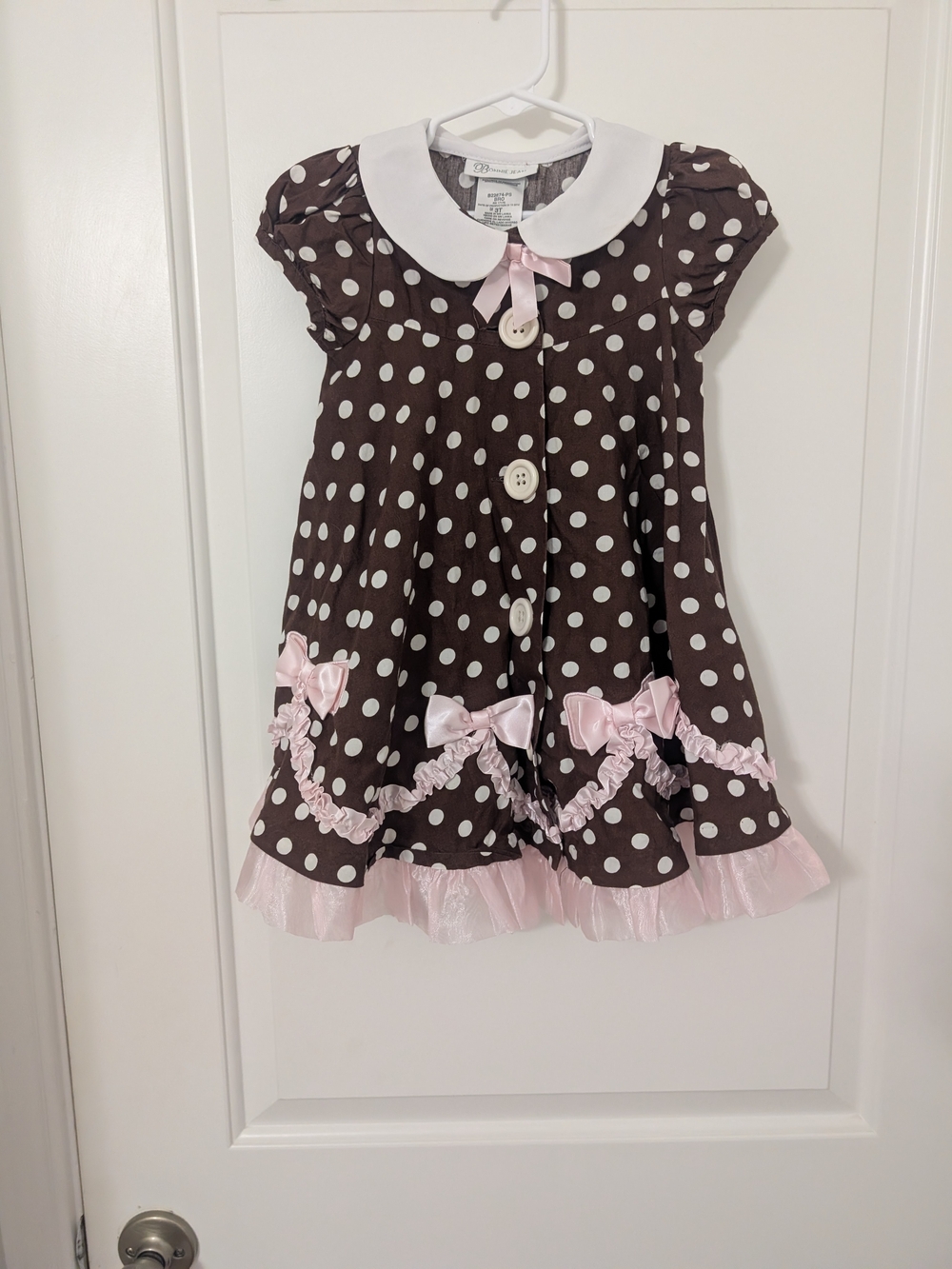 Bonnie Jean Girls 3T Brown Polka Dot Pink Bow Ruffle Party Dress